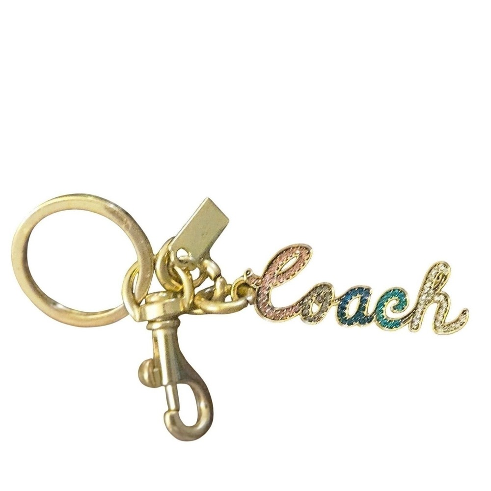 Coach Script Logo Ombre Rhinestone Bag Charm Gold Tone Keychain Accessory